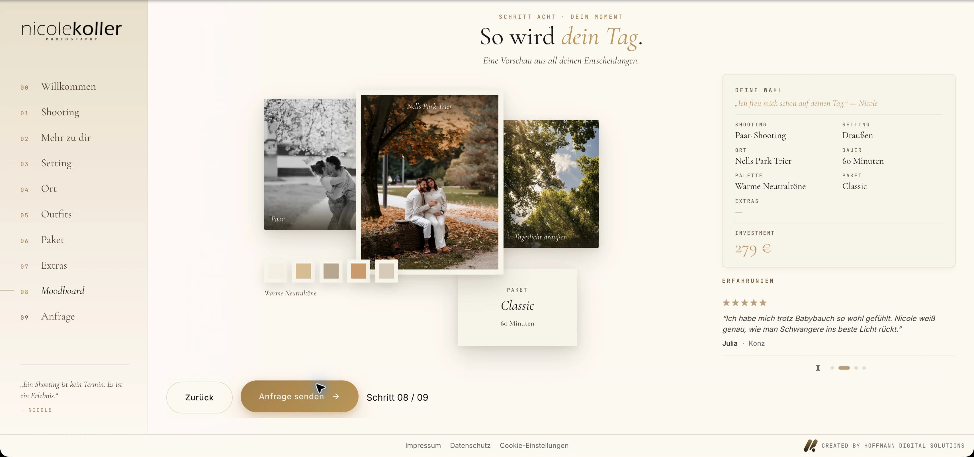 Im Shootingplaner werden Paar-Shooting, Außenaufnahme, Nells Park, warme Neutraltöne und das Classic-Paket ausgewählt. Das Moodboard zeigt die Planung zusammen.