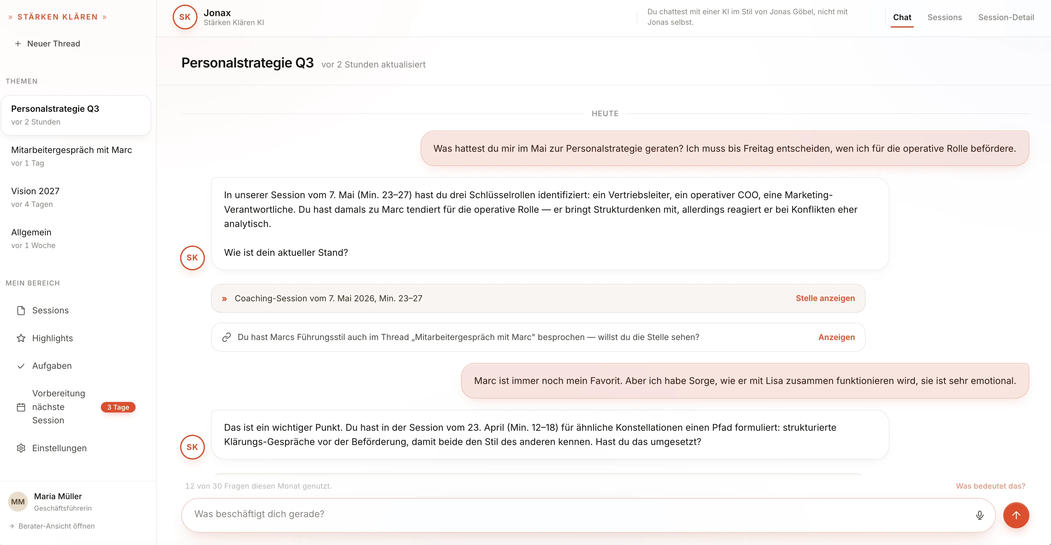 Der Chat des Klienten: eine Antwort mit Verweis auf die Sitzung, aus der sie stammt