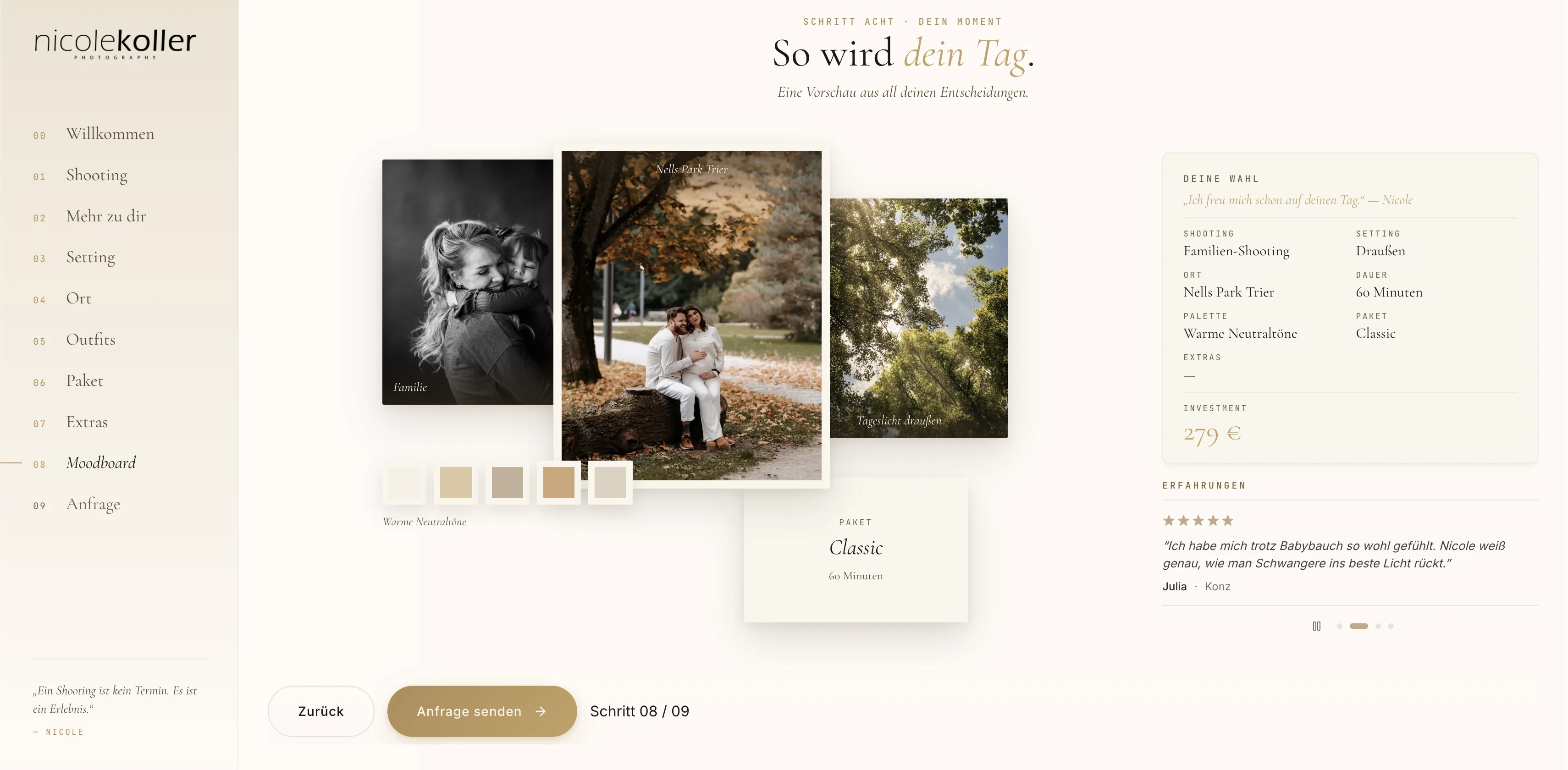 Das Moodboard fasst alle Entscheidungen zusammen: Shooting-Art, Ort, Farbwelt, Paket und Dauer, dazu eine Kundenstimme