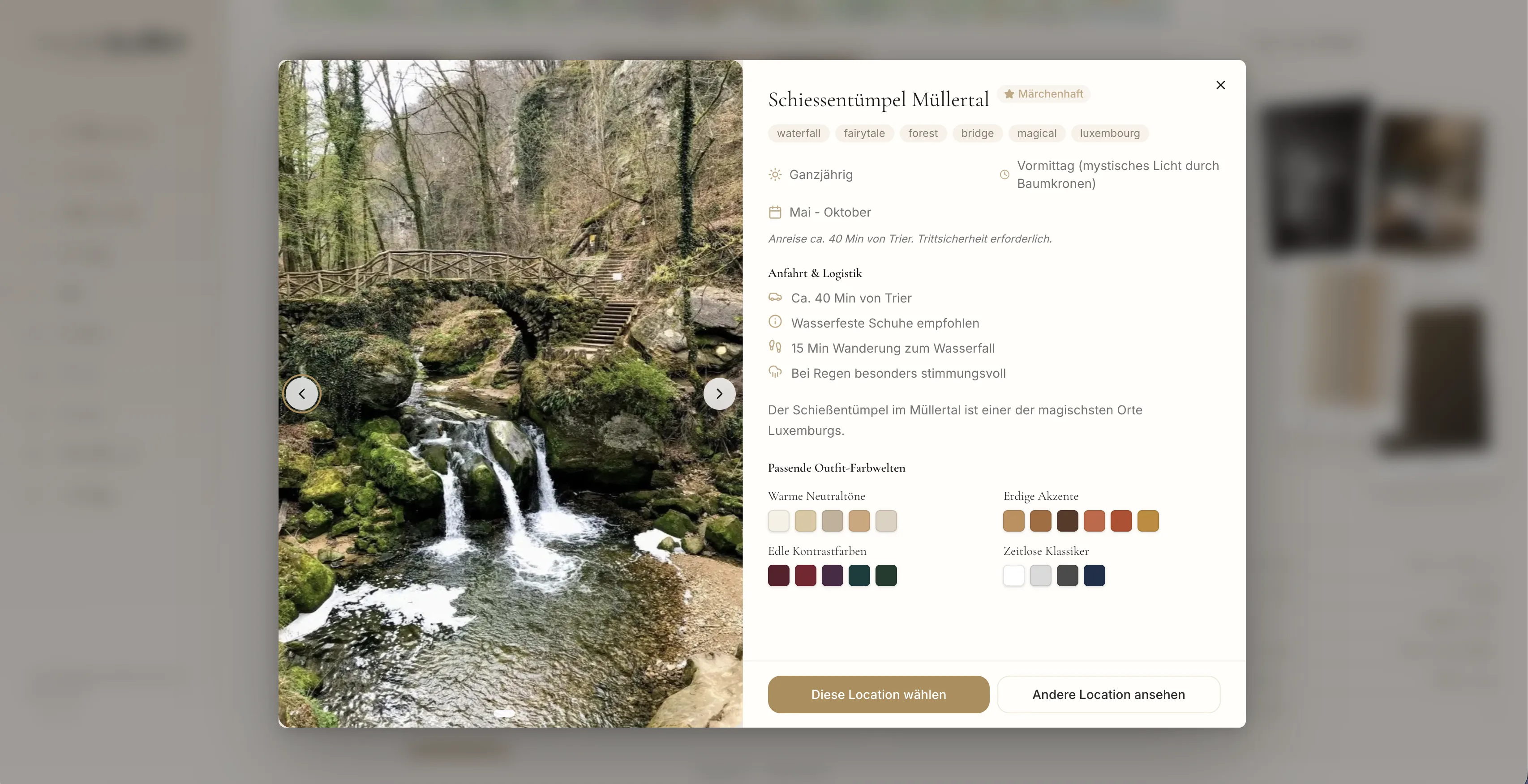 Ein Ort im Detail: Aufnahmen vom Schiessentümpel im Müllertal, Anfahrt, beste Jahres- und Tageszeit sowie die vier Outfit-Farbwelten, die dorthin passen