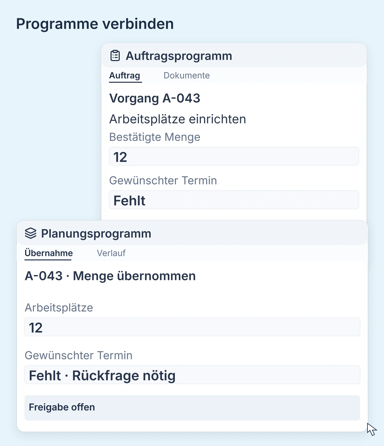 Die bestätigte Menge wird ins Planungsprogramm übernommen. Der fehlende Termin bleibt zur Rückfrage offen.