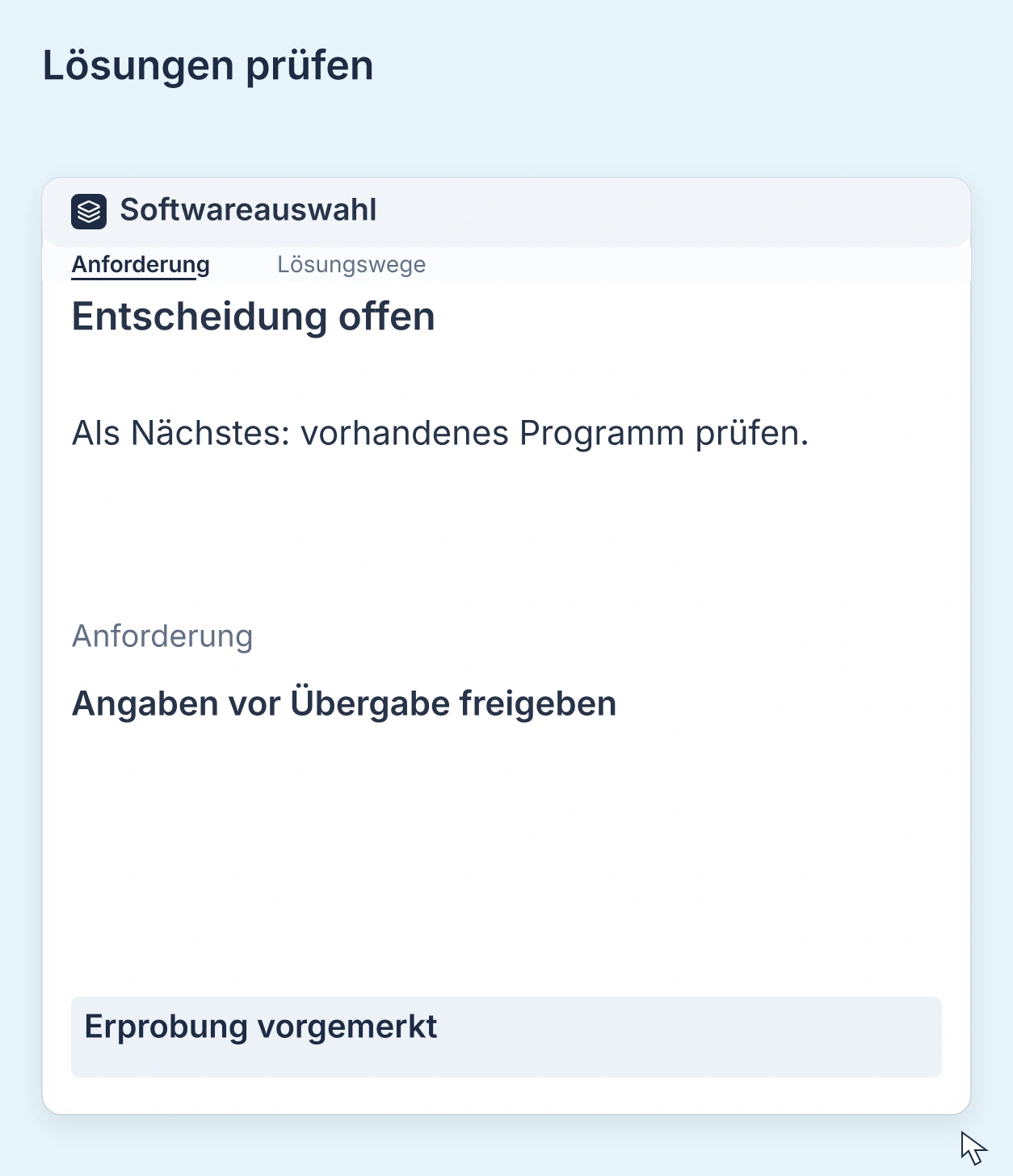 Vier Lösungswege werden an derselben Anforderung betrachtet. Zuerst wird das vorhandene Programm zur Erprobung vorgemerkt.