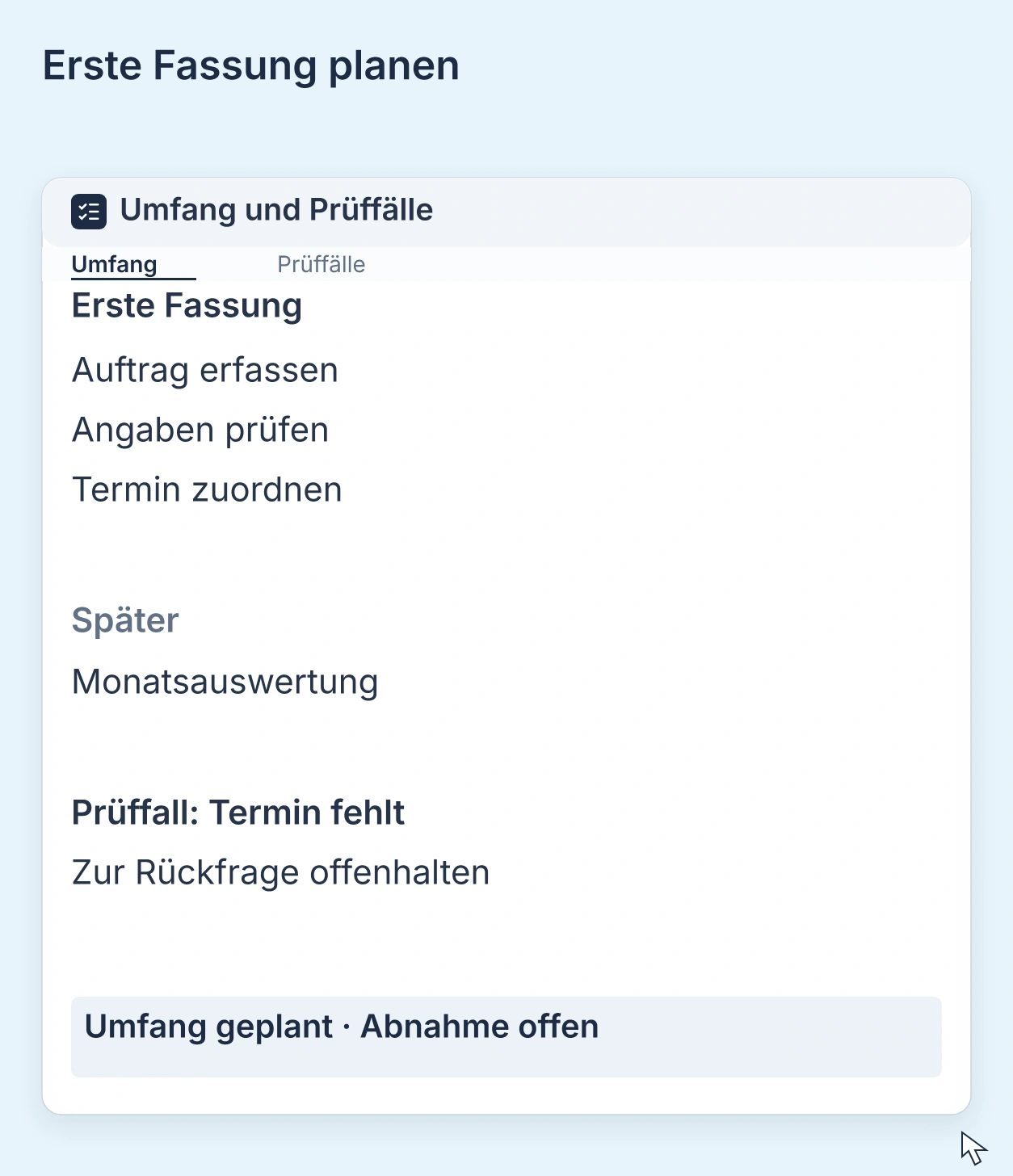 Die erste Fassung umfasst eine vollständige Aufgabe. Die Auswertung wartet; ein fehlender Termin wird als Prüffall festgehalten.