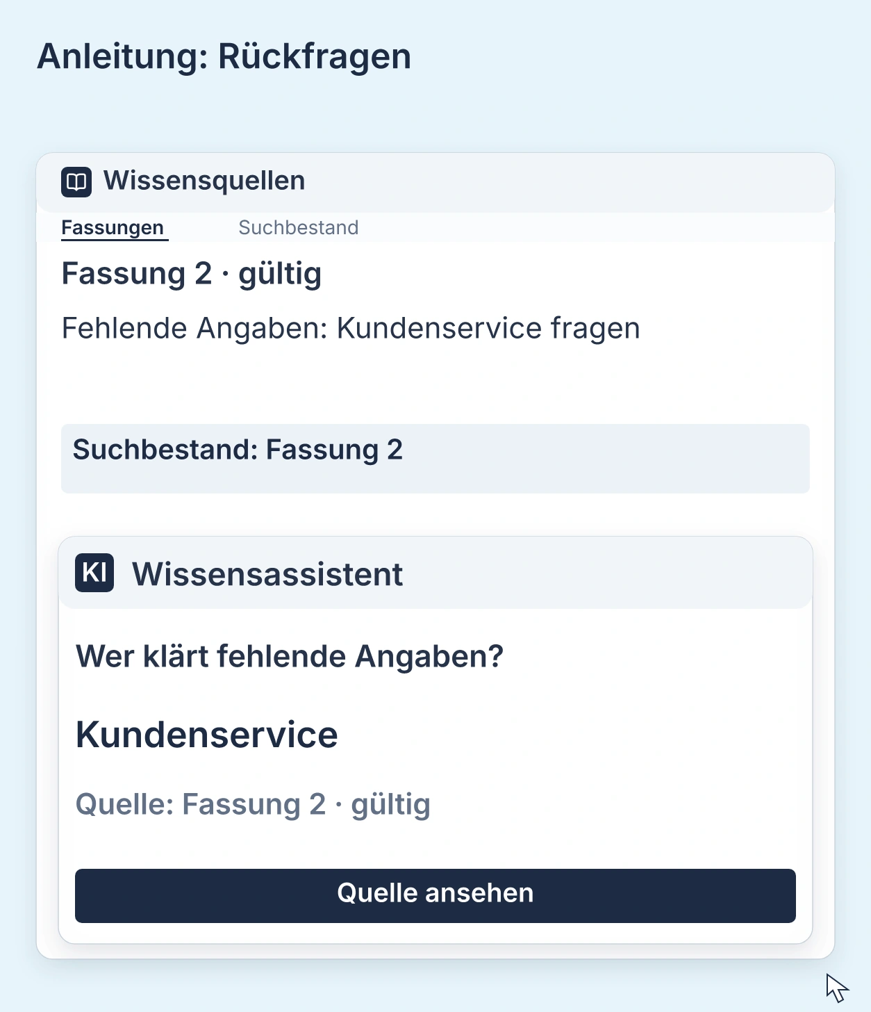 Eine neue Fassung wird freigegeben und in den Suchbestand übernommen. Die KI-Antwort lässt sich mit der gültigen Quelle abgleichen.