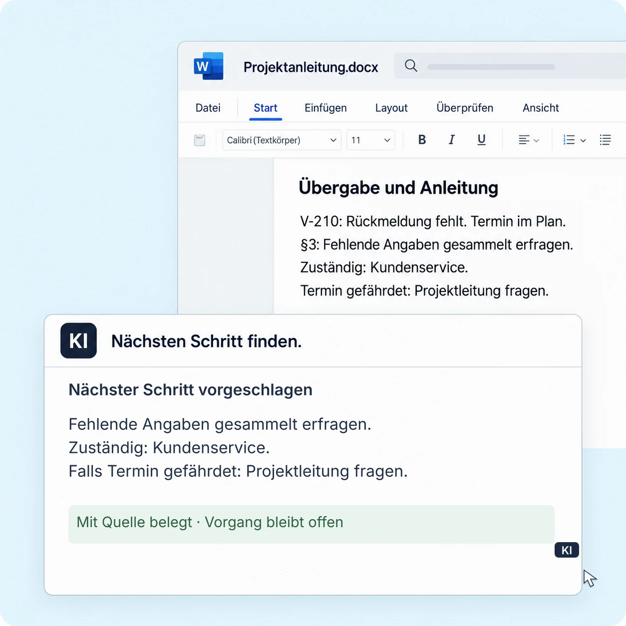 Eine Vertretung findet für Vorgang V-210 den nächsten Schritt, die Zuständigkeit und die passende Originalanleitung.