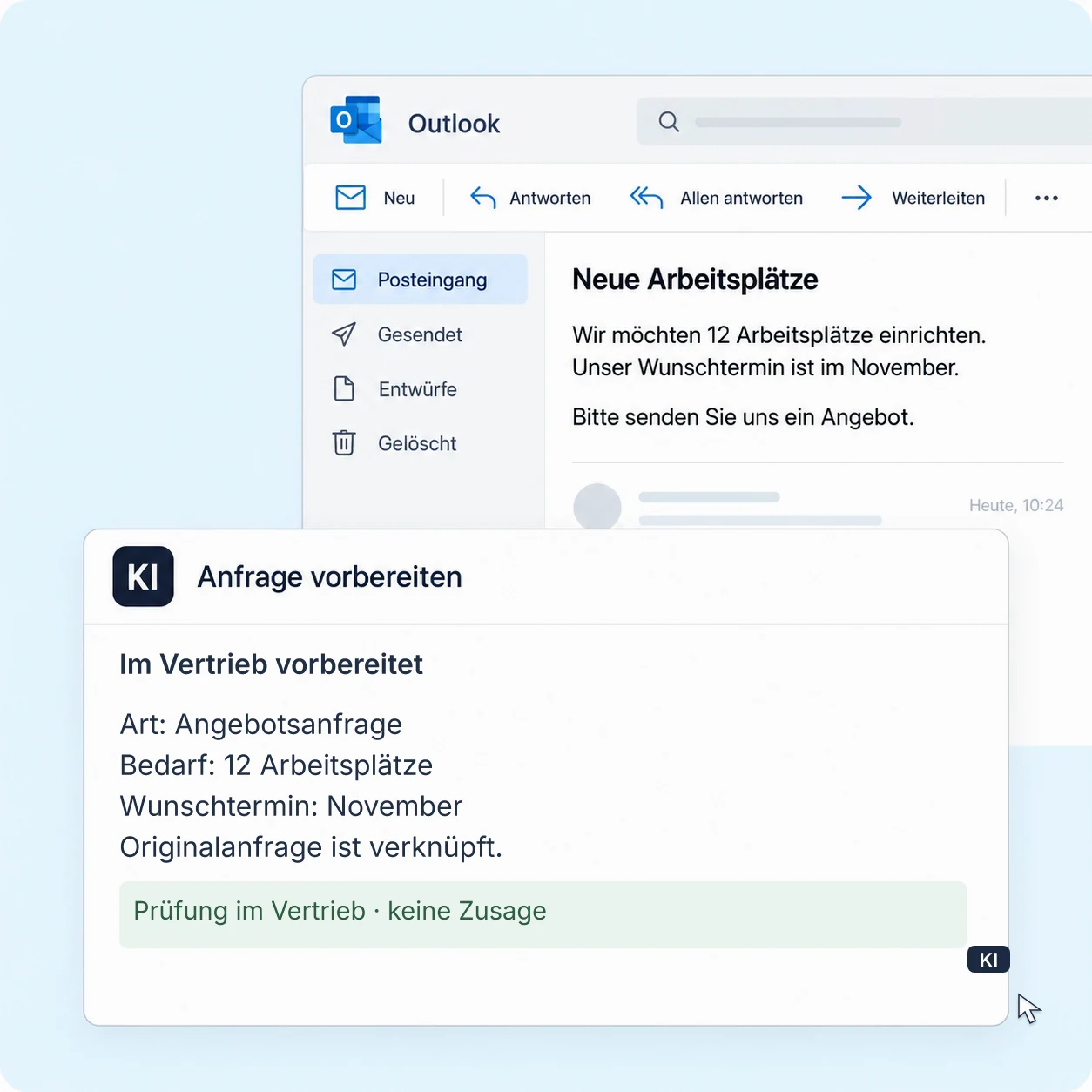 KI erkennt eine Angebotsanfrage. Eine festgelegte Regel bereitet den Vorgang zur Prüfung im Vertrieb vor.