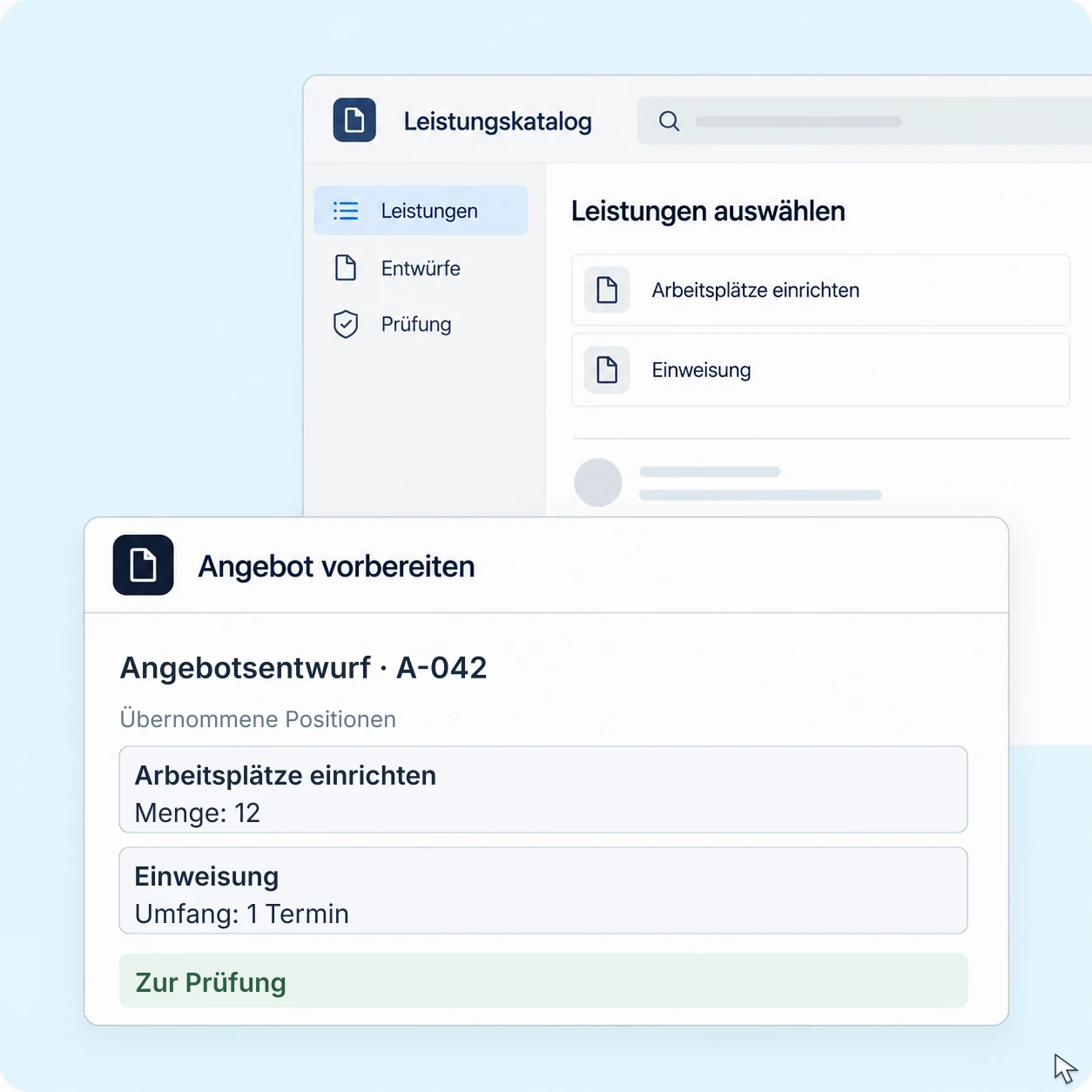 Eine geführte Auswahl übernimmt zwölf Arbeitsplätze und einen Einweisungstermin in einen Angebotsentwurf zur Prüfung.