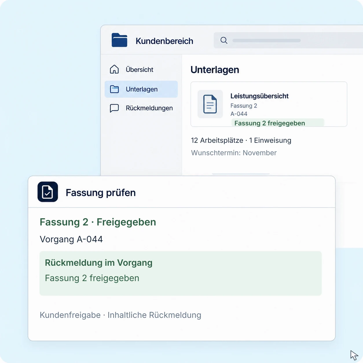 Eine Leistungsübersicht wird geöffnet und ihre konkrete Fassung freigegeben. Die Rückmeldung erscheint am zugehörigen Vorgang.
