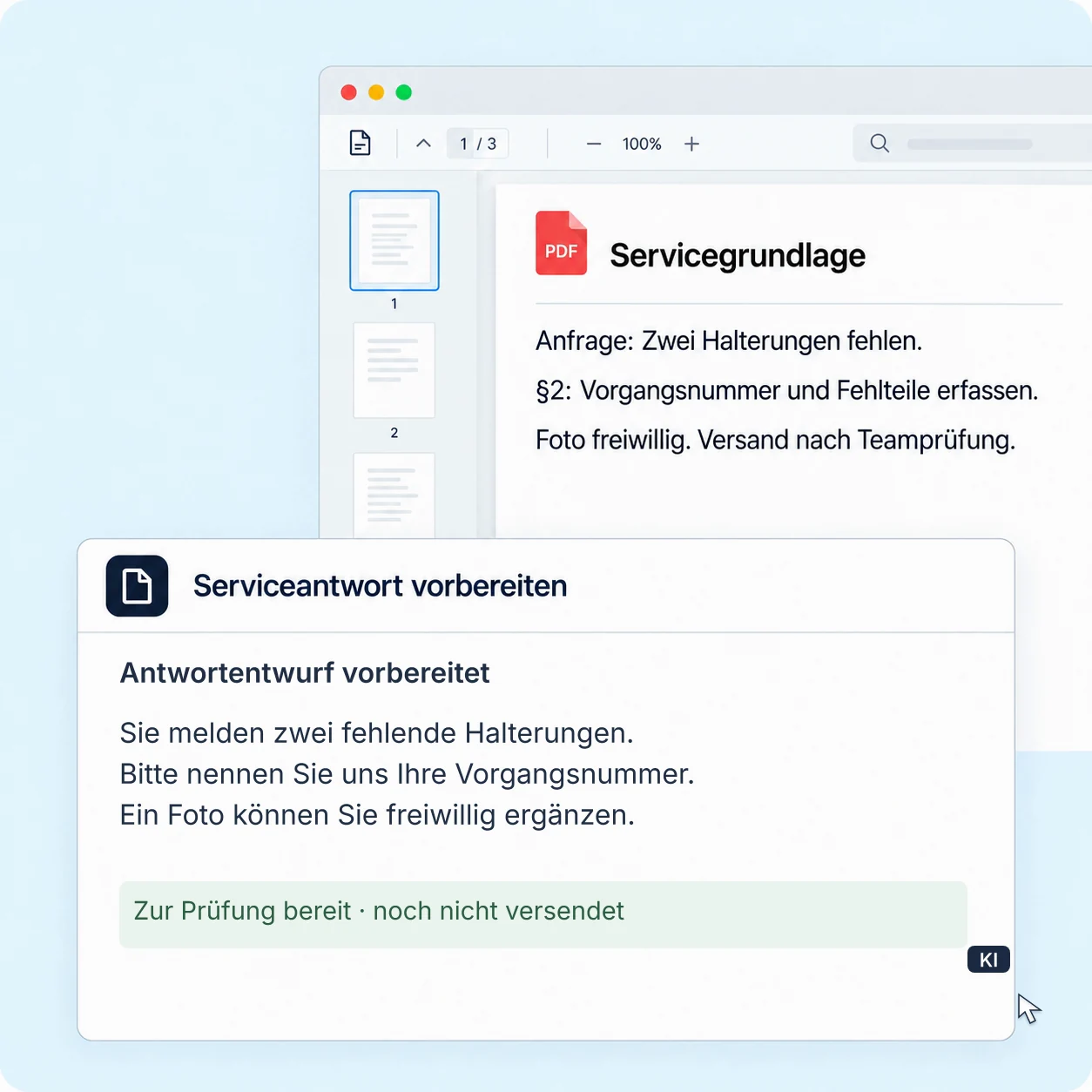 Die KI gleicht eine Anfrage mit dem Serviceleitfaden ab und bereitet die Rückfrage zur fehlenden Vorgangsnummer vor.